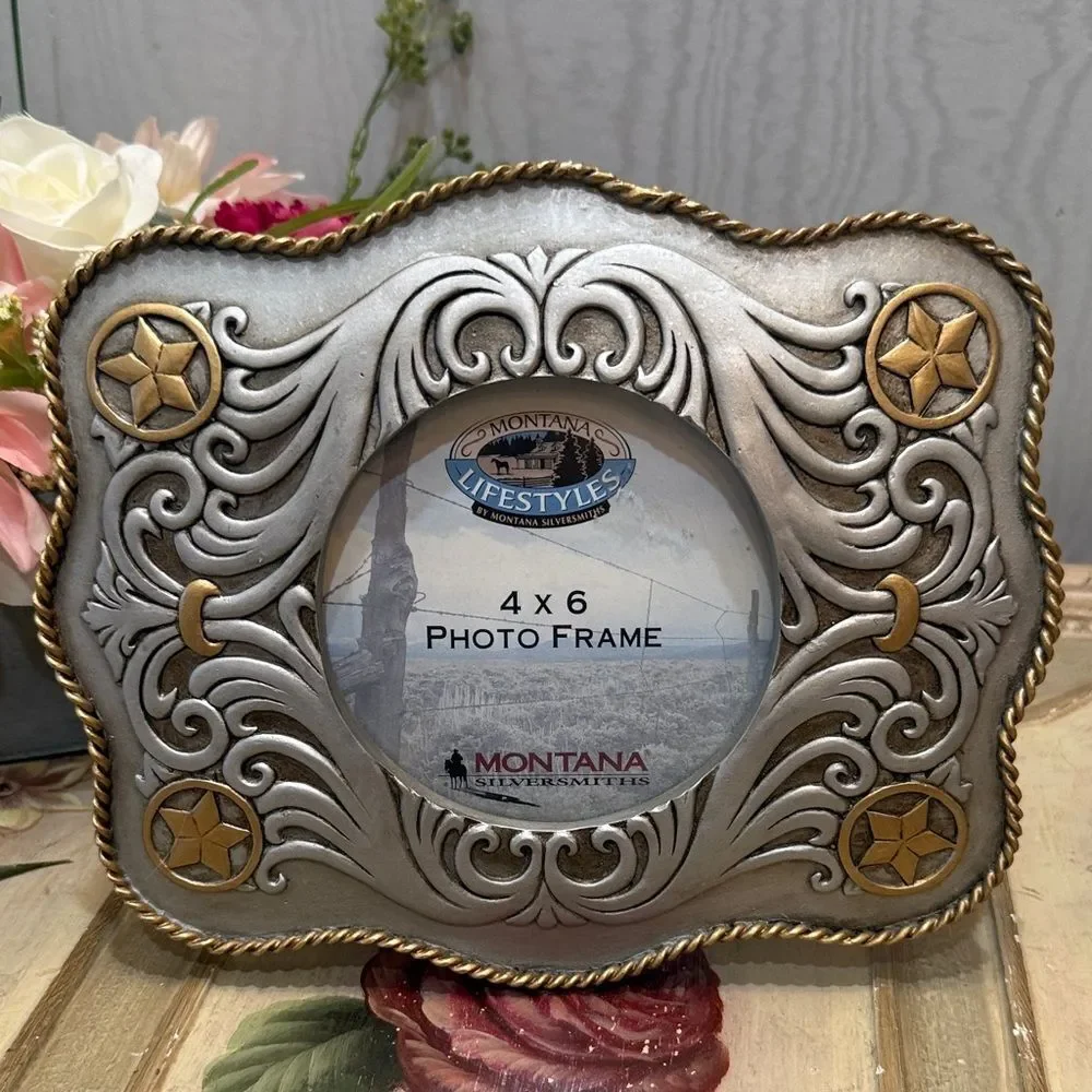 Vintage Montana Silversmiths Silver Gold Rope Trim Western 4x6 Photo Frame